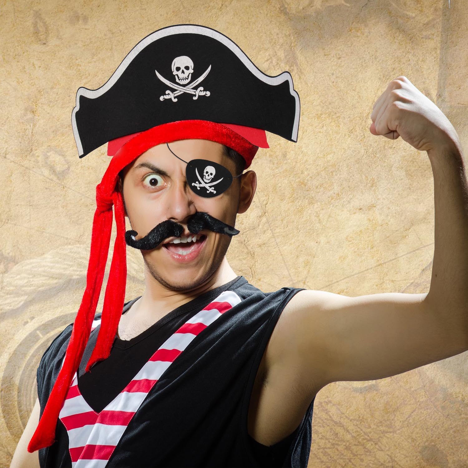 Thumbnail 3 de Piraten Kindergeburtstag-Set mit Piratenhut, Augenklappe und Piraten-Tattoos (Filz) – 8-teilig