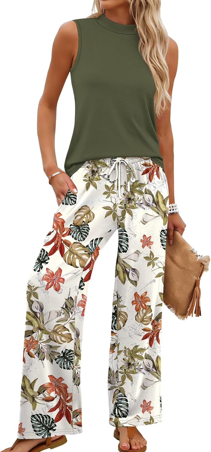 Thumbnail 6 de WIHOLL Two Piece Set for Women: Sleeveless Mock Neck Top and Wide-Leg Printed Pants