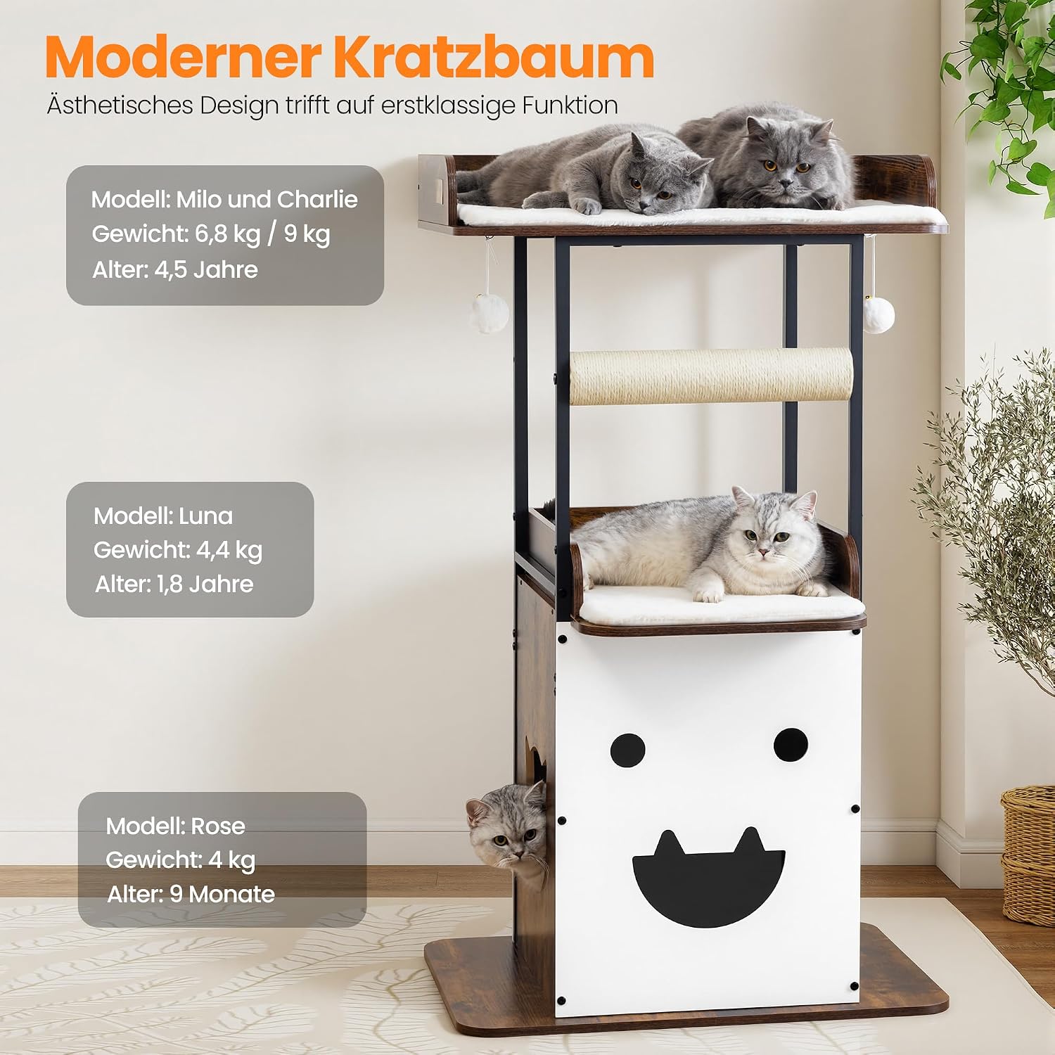 Detalle de Kratzbaum 122 cm hoch aus Holz – Katzenbaum Vintage Braun mit Sisal, Höhle und Plüschkissen