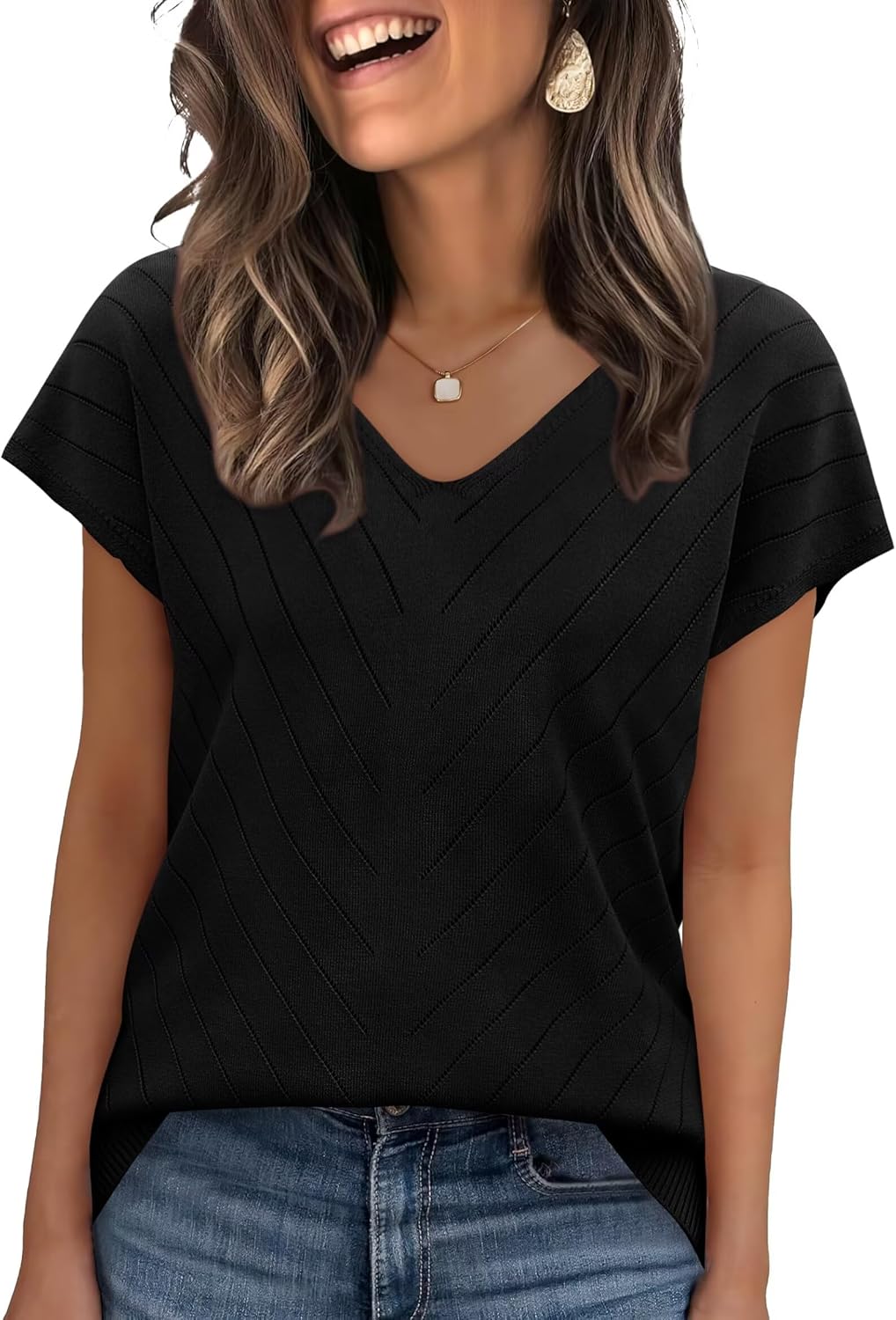 Thumbnail 6 de WIHOLL Damen Pullover Kurzarm Sommer V-Ausschnitt – Leichtes Basic Strickoberteil