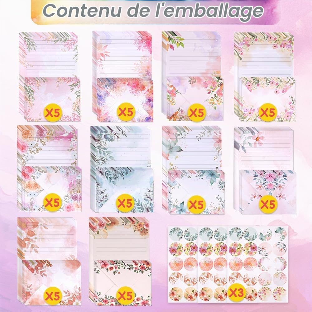 Detalle de Vicloon briefpapier-set met 50 A5-vellen, 50 enveloppen en 60 bloemlabels
