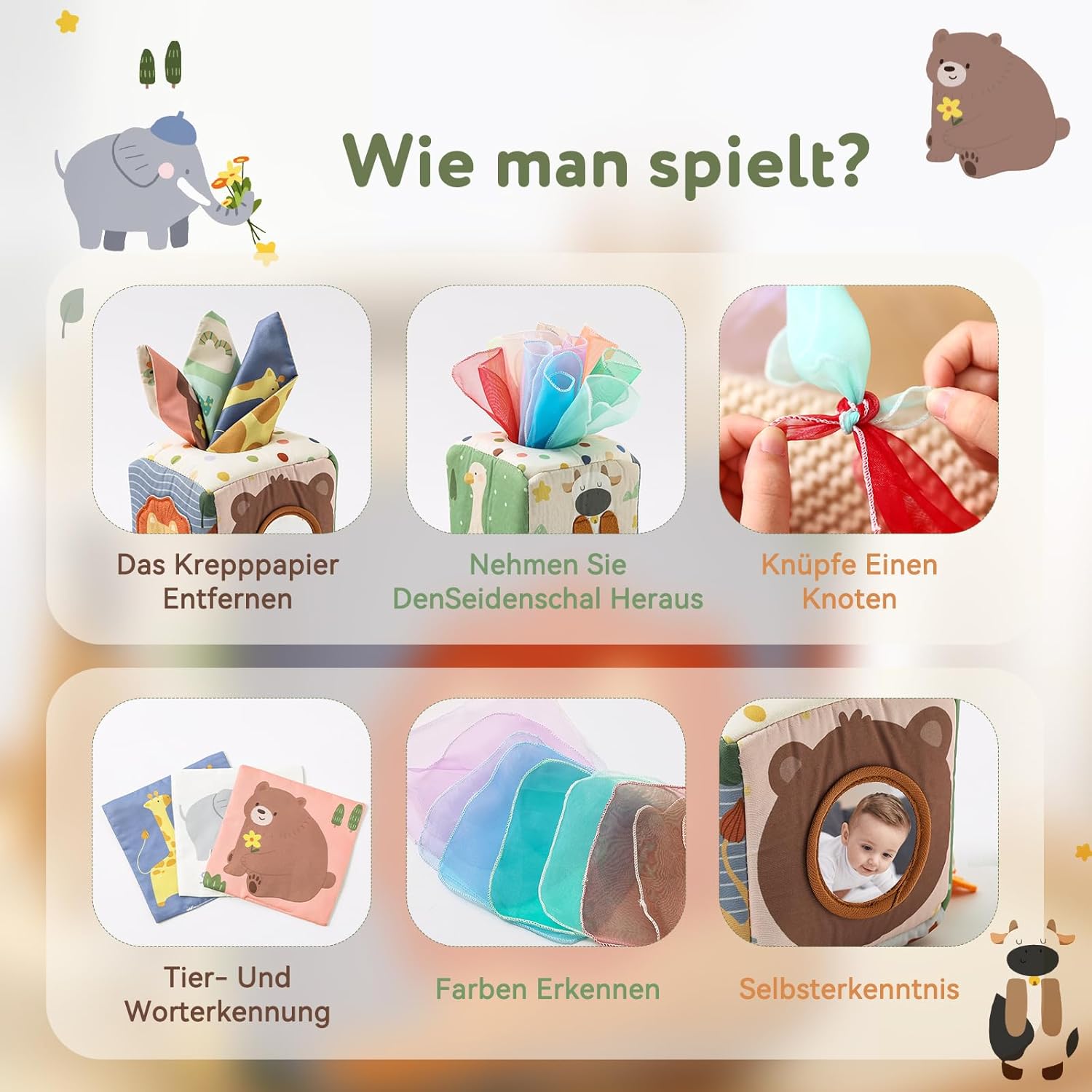 Detalle de Montessori Spielzeug Baby Tücherbox – sensorik & Frühlernen ab 6 Monaten
