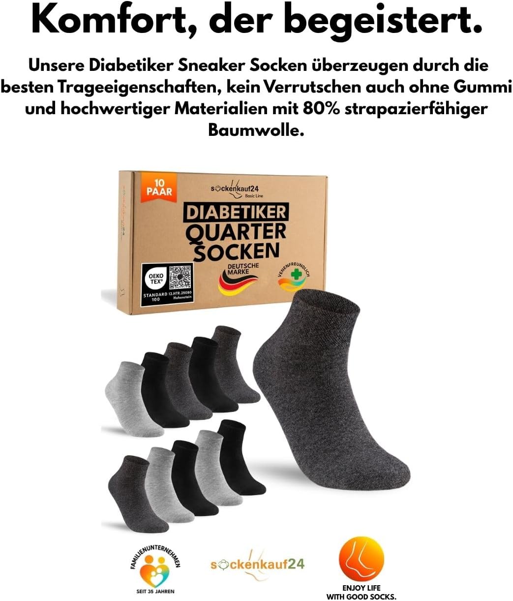 Detalle de sockenkauf24 10 Paar kurze Diabetikersocken ohne Gummibund und ohne Naht (Quarter-Socken)