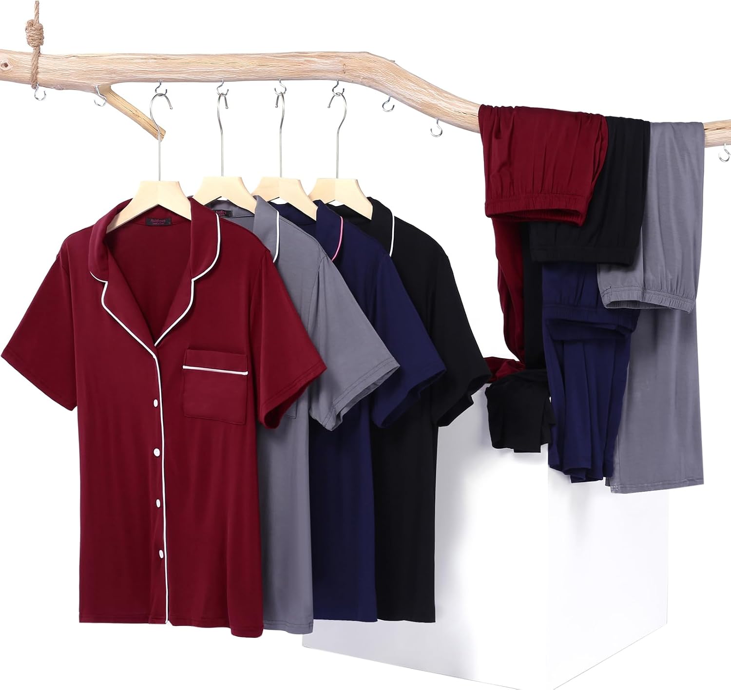 Detalle de Avidlove Women's Pajama Set, Short-Sleeve Button-Down Top and Long Pants