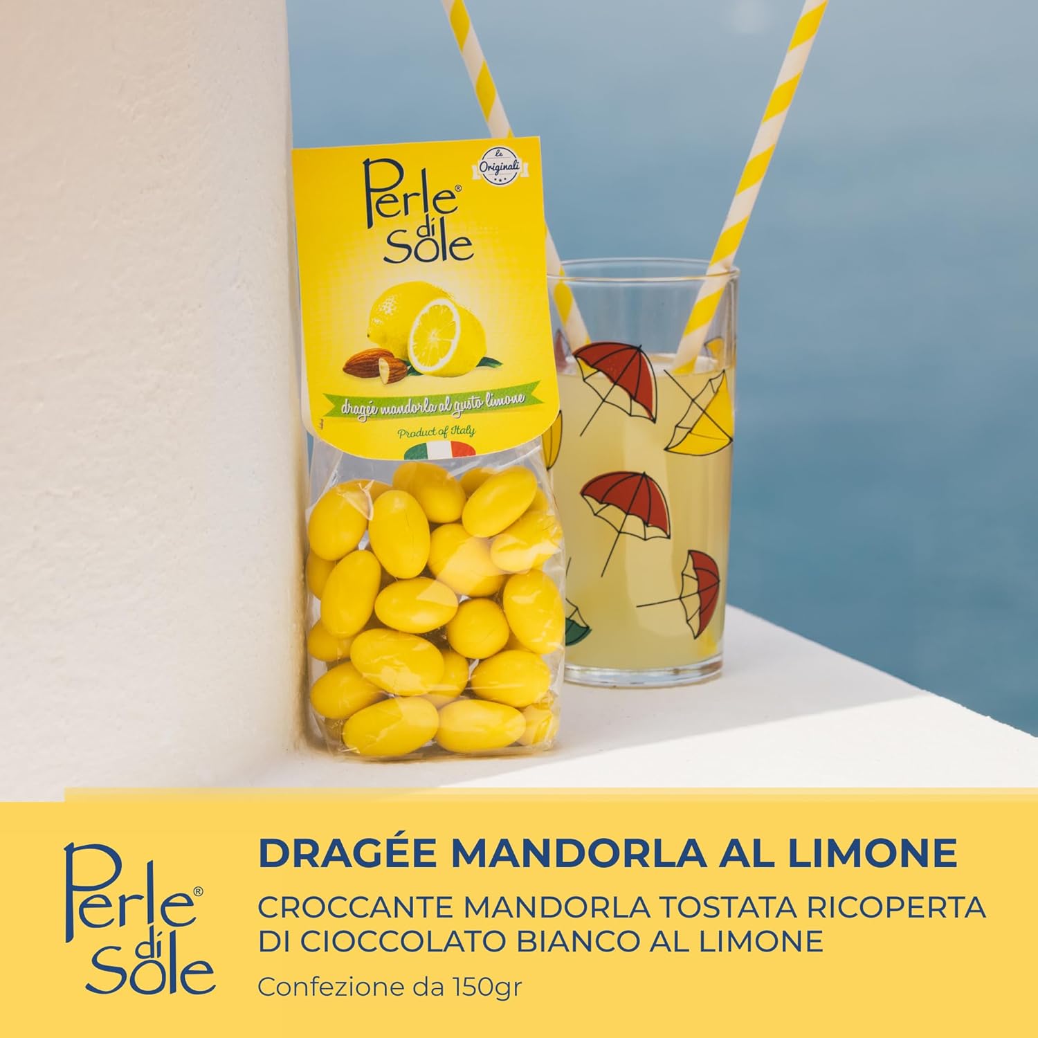 Detalle de Perle di Sole – Confetti Dragées Mandorla al Limone, 150 g: mandorle tostate ricoperte di cioccolato bianco al limone, senza glutine