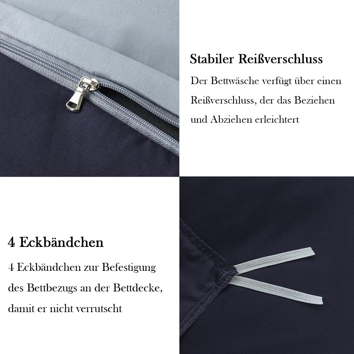 Detalle de Nesture Wendebettwäsche 135x200 4-teilig Dunkelblau/Grau (Microfaser) mit Reißverschluss