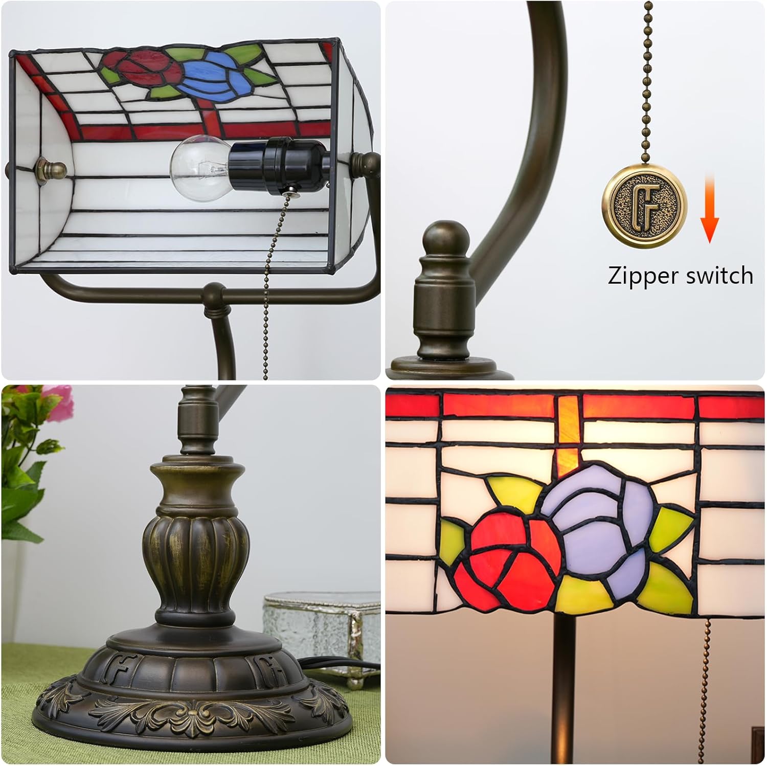Thumbnail 3 de Blivuself Red Rose Tiffany Bankers Desk Lamp (stained glass table lamp, pull chain)