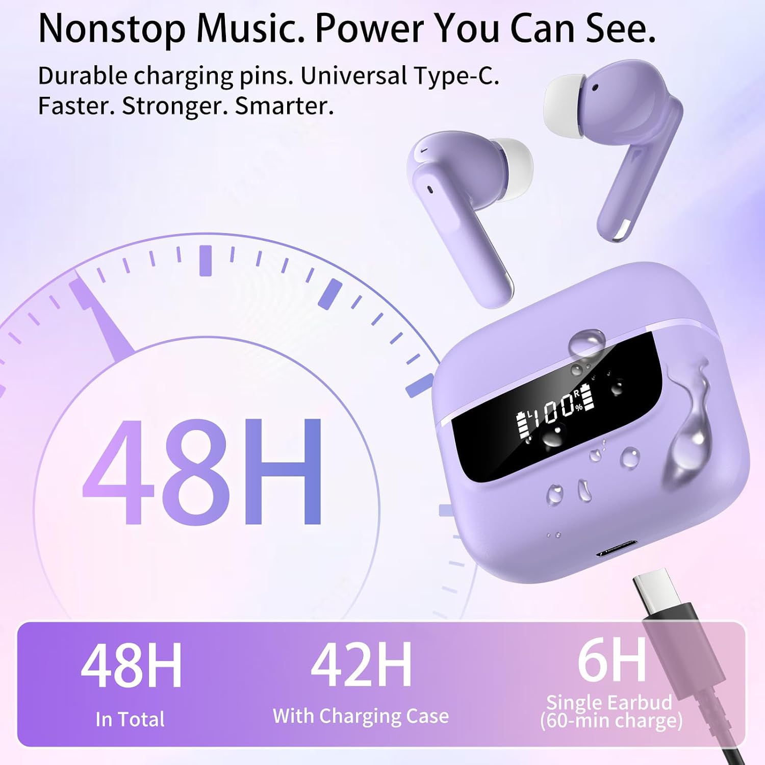 Thumbnail 3 de Wireless Earbuds with Bluetooth 5.4: Hi‑Fi Stereo, 48h Battery, IPX7, Purple