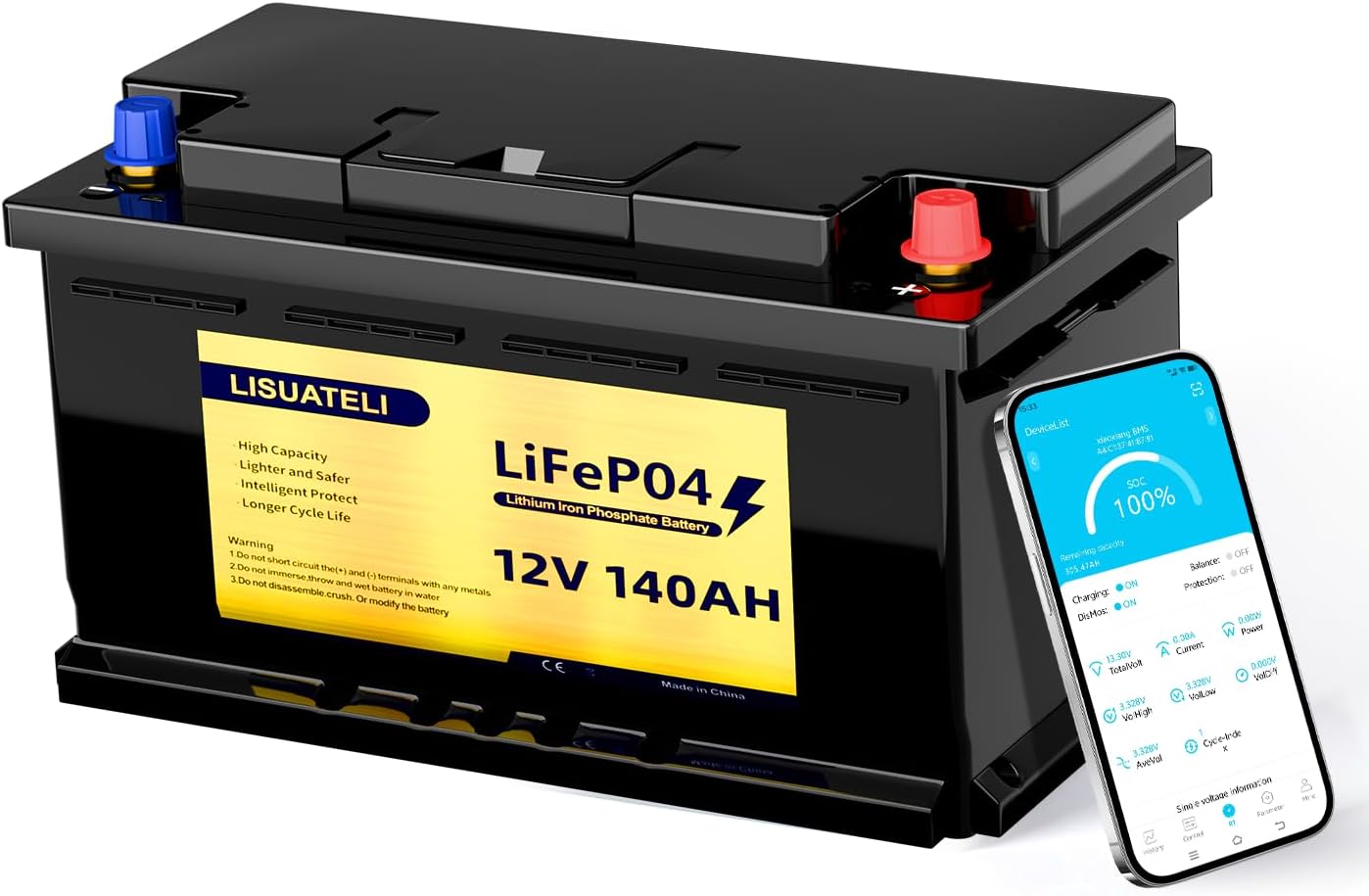 Detalle de LISUATELI 12V 140Ah LiFePO4 Batterie H190 mit Bluetooth 150A BMS – Deep Cycle für Wohnmobile, Solaranlagen und Marine