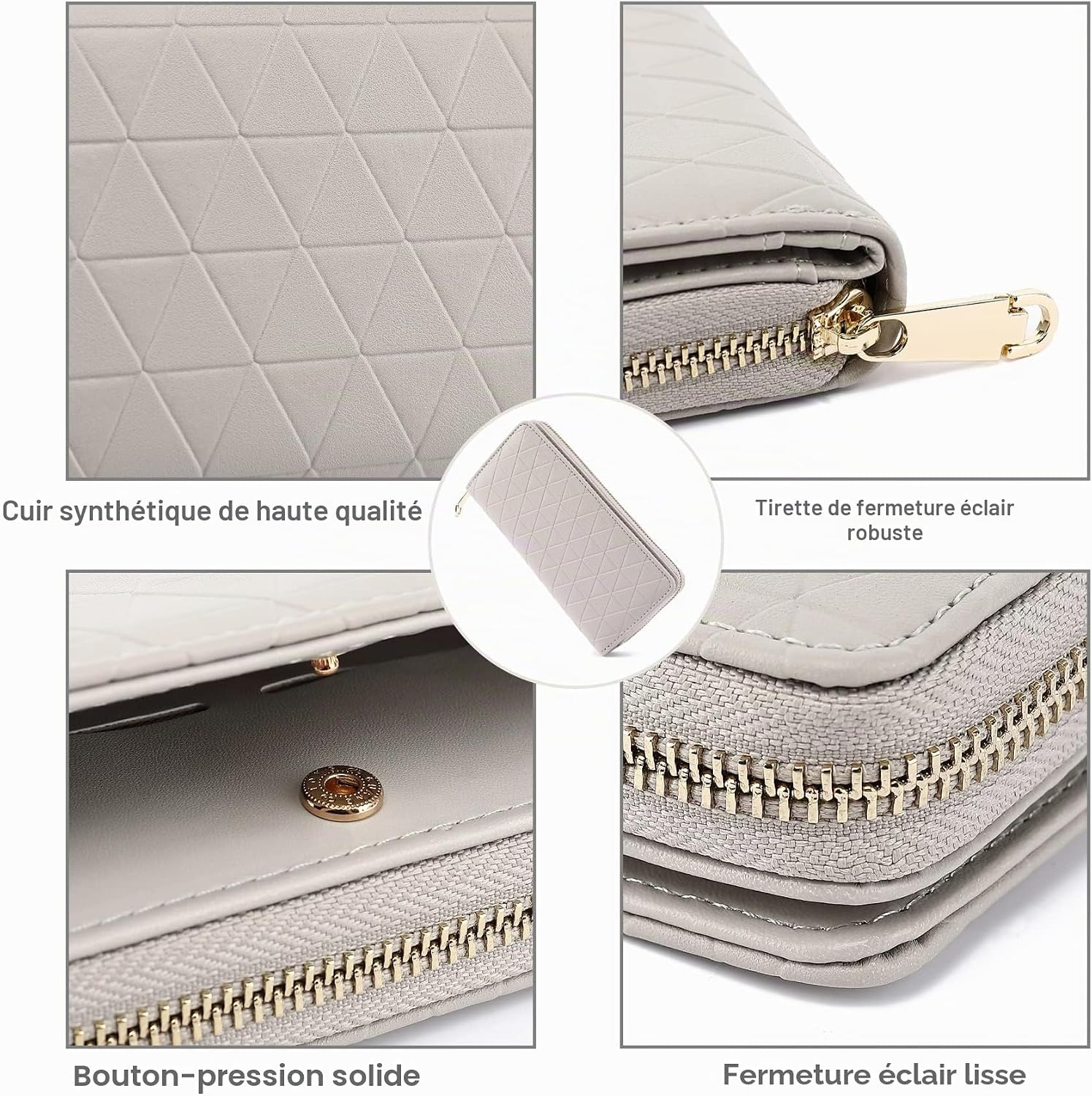 Detalle 2 de TAN.TOMI Grand Portefeuille pour Femmes – Portefeuille RFID en cuir végétalien gris, fermeture éclair et multiples compartiments