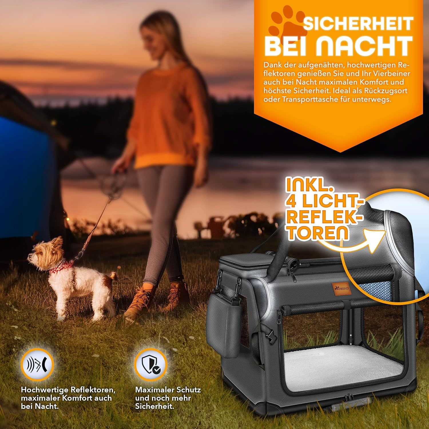 Detalle 2 de TRESKO® faltbare Hundebox XXXL 102x69x69 cm mit Leckmatte, Spatel & Reflektoren