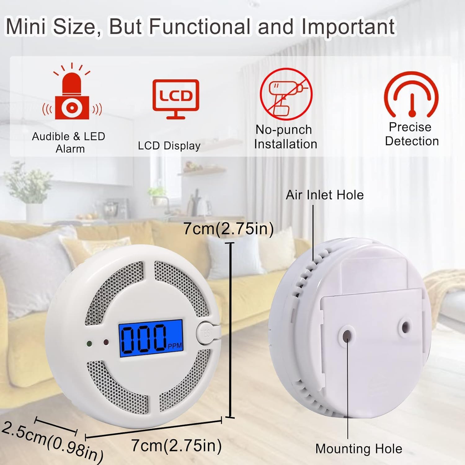 Thumbnail 4 de Mini Battery-Powered Carbon Monoxide Detector (CO Alarm) with LCD Display, EN 50291 Compliant, 4 Pack