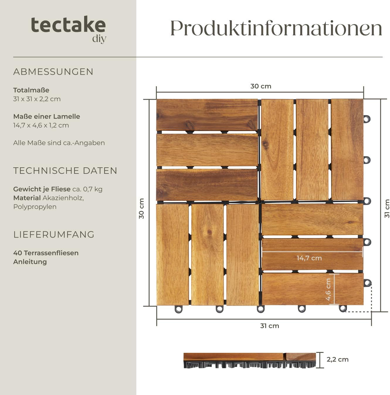Detalle 2 de tectake Holzfliesen 40-teiliges Set – wetterfeste Akazienholz-Klickfliesen für Terrasse, Balkon & Gartenweg