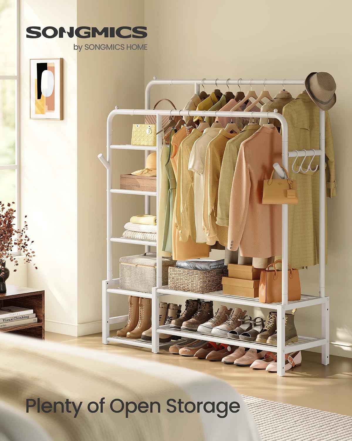 Detalle 2 de SONGMICS HSR182WG01 Clothes Rail with 7 Shelves and 4 Hanging Rails, Matte White
