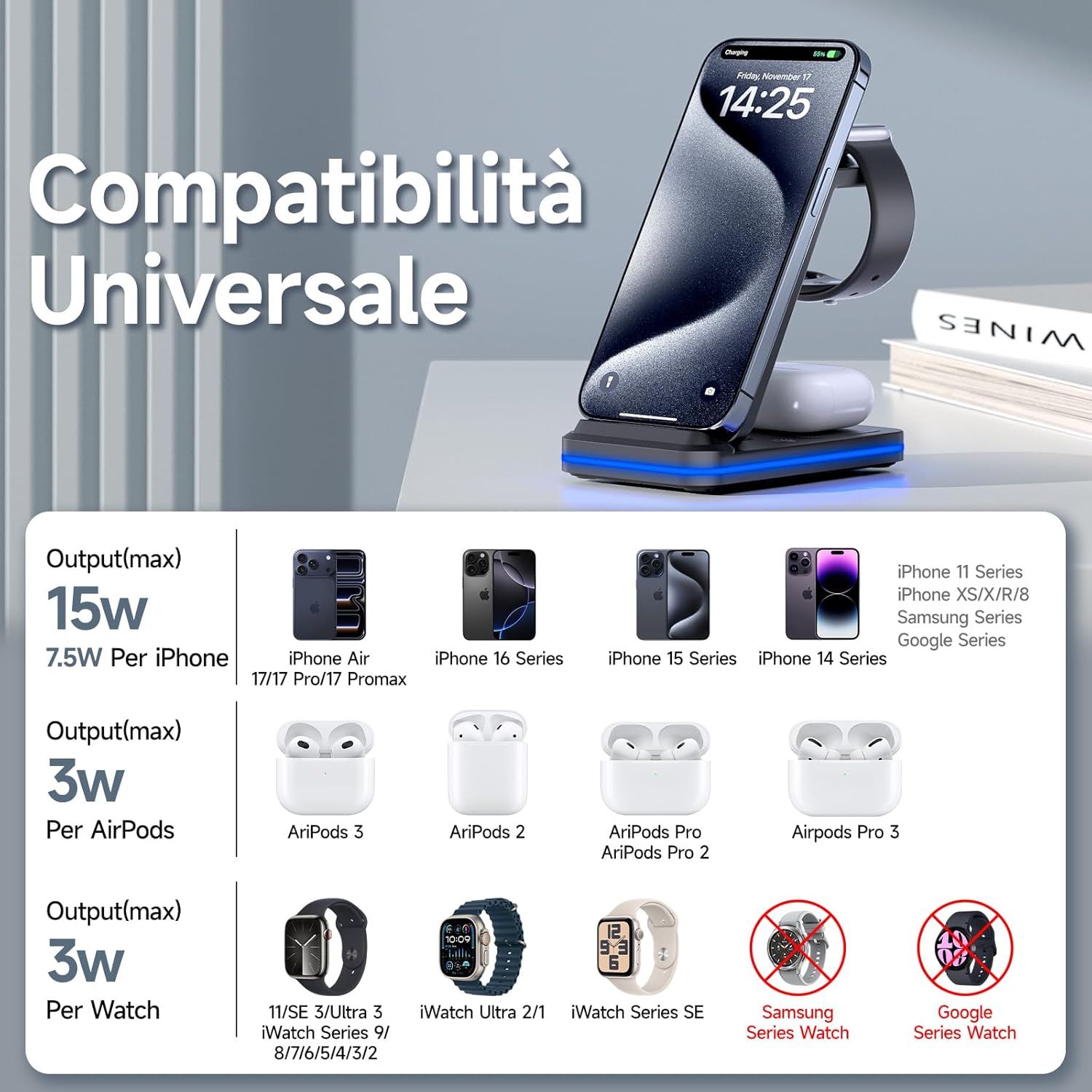 Thumbnail 1 de Stazione di Ricarica 3 in 1 MANKIW: ricarica Wireless per iPhone, Apple Watch e AirPods
