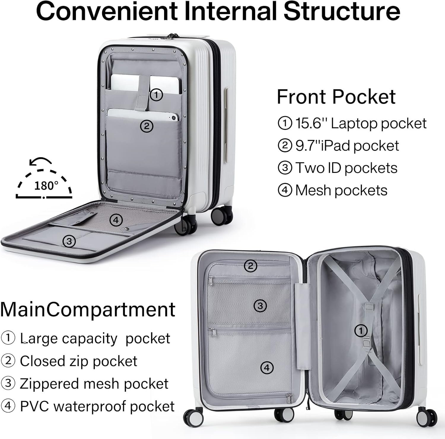Thumbnail 5 de Hanke 20-inch expandable hard-shell cabin case with laptop compartment, spinner wheels and combination lock (ivory white)