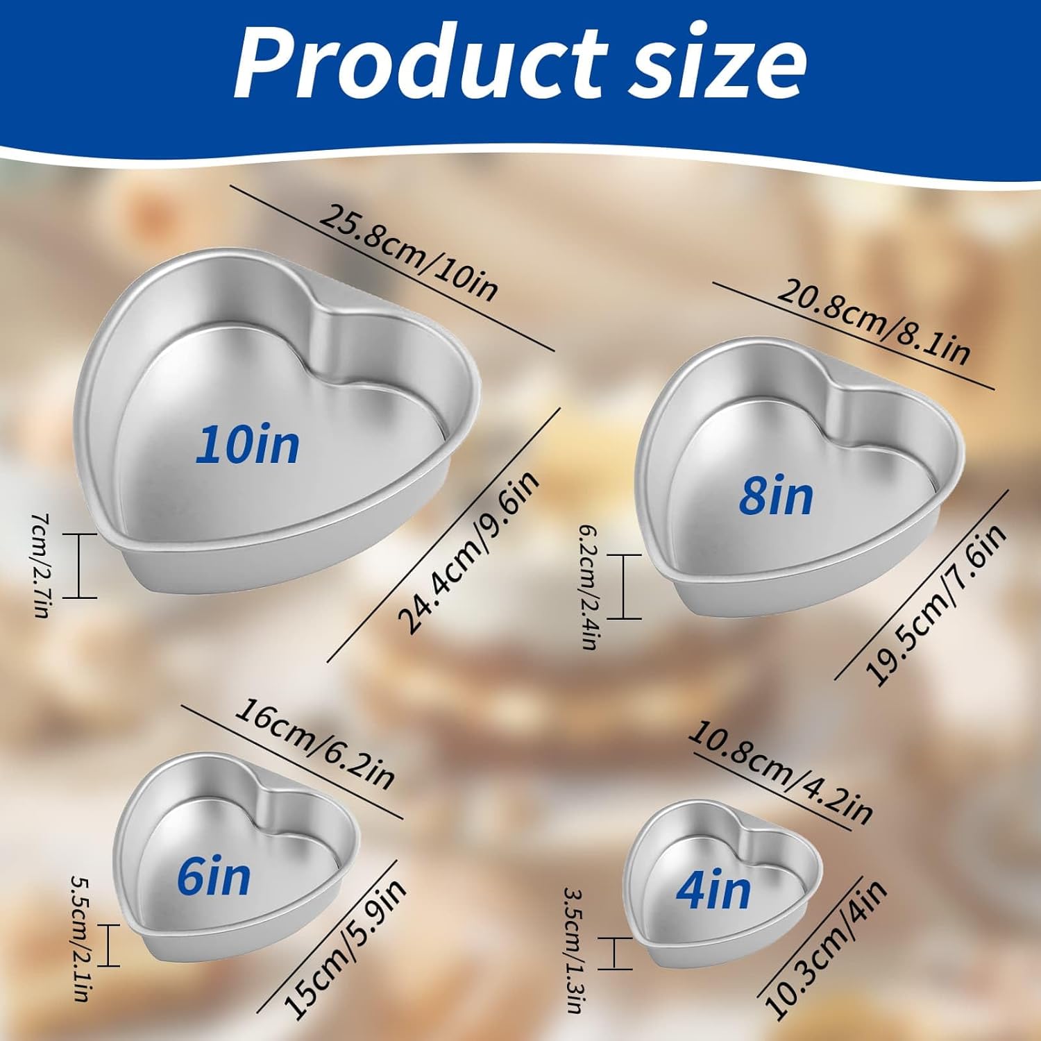 Detalle de Eidoct Heart Cake Pan Set (4 Pack) with Removable Bottom – 4/6/8/10in
