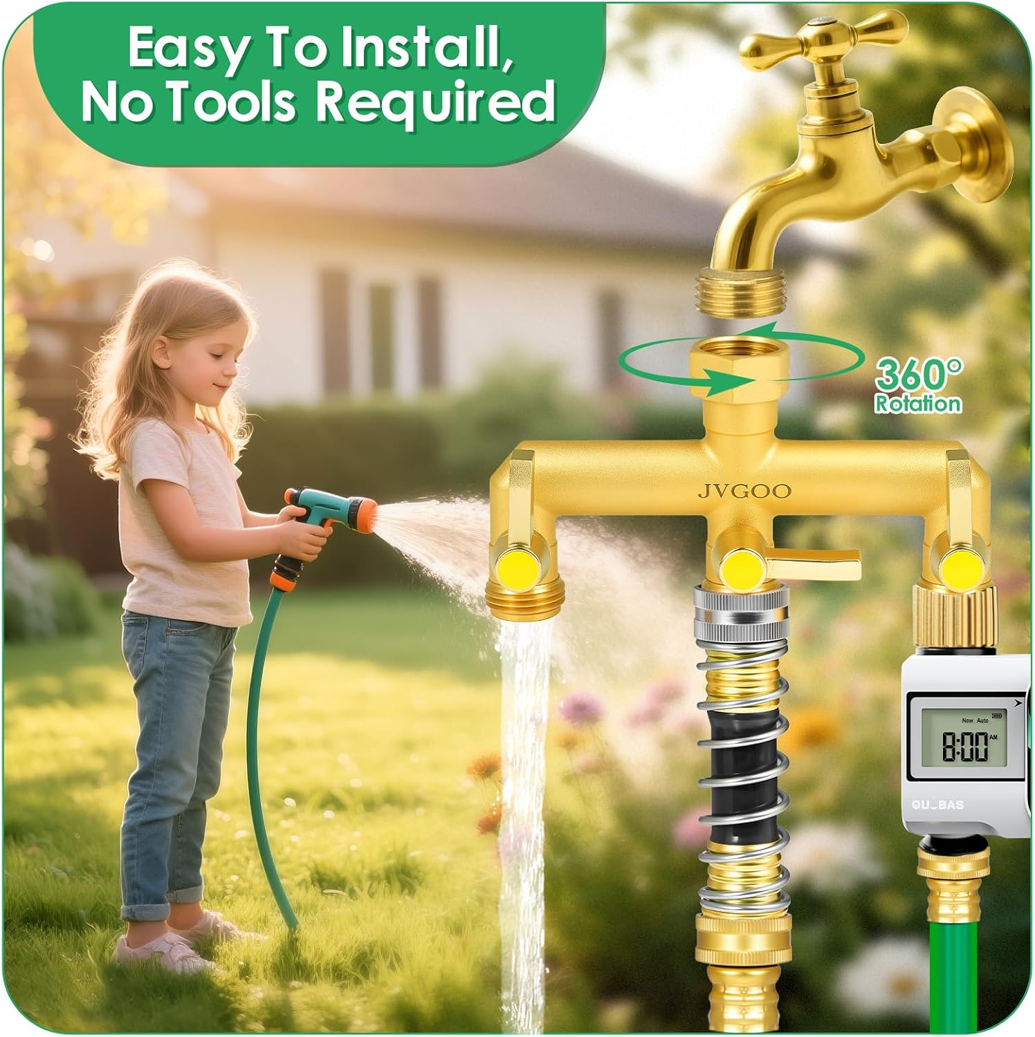 Detalle de Jvgoo 3-Way Brass Garden Hose Splitter with Independent Shutoff Valves