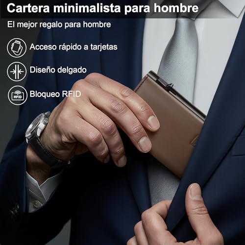 Detalle de TENBST Carteras para Hombre Ultrafina con RFID – Cuero Genuino Marrón