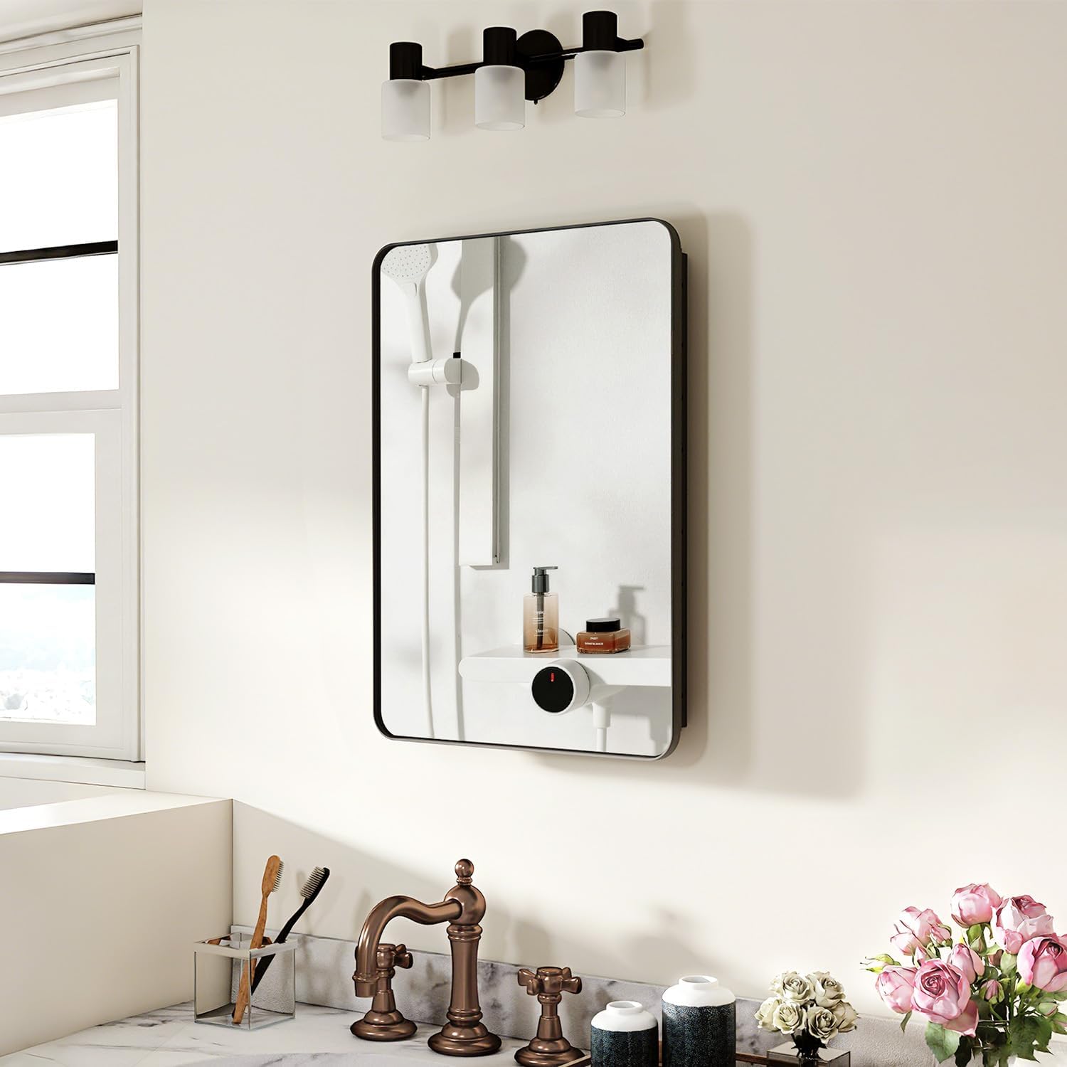 Venlus Black Medicine Cabinet with Mirror, 20x28 Inch – Fully Assembled, Recessed or Surface Mount