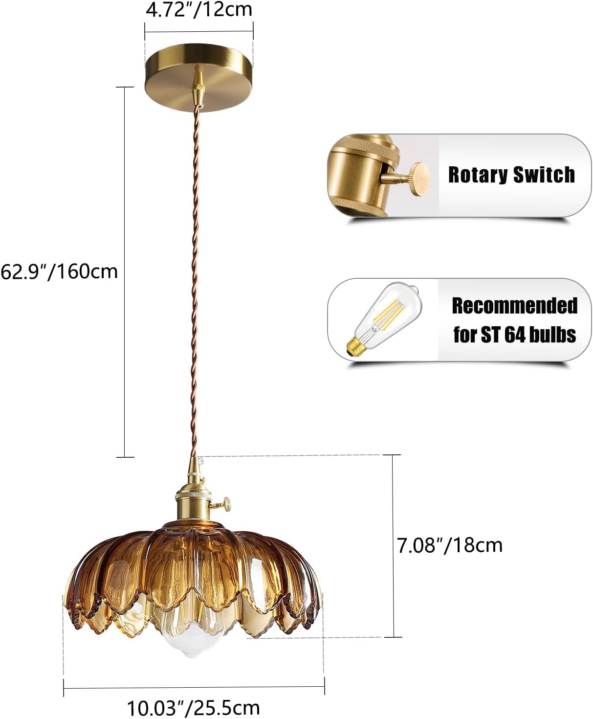 Detalle 2 de XZHGCEE 6202501 Amber Glass Pendant Light with E26 Base and Rotary Switch