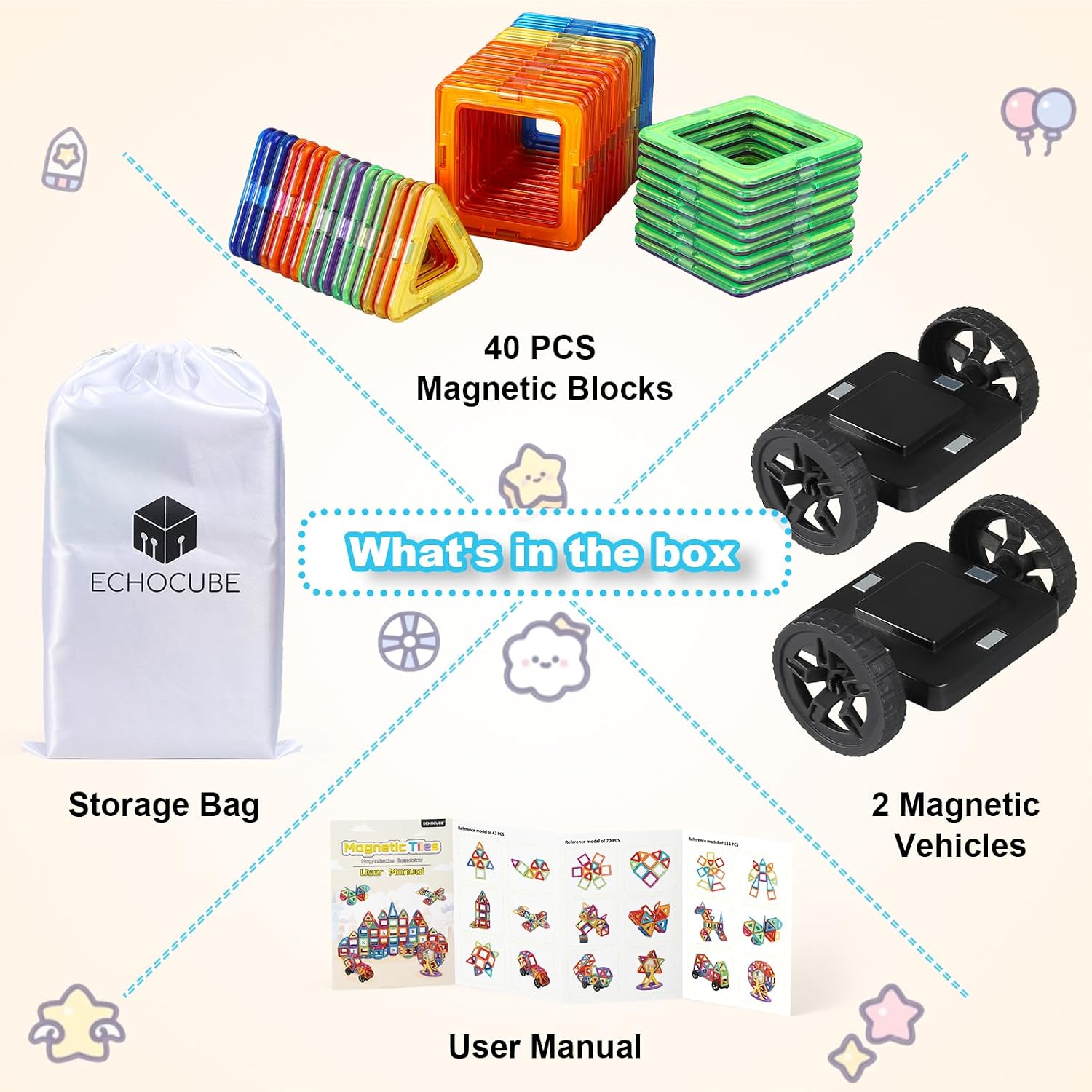 Detalle de ECHOCUBE 42-Piece Magnetic Building Blocks Set: A Practical STEM Toy for Creative Early Learning