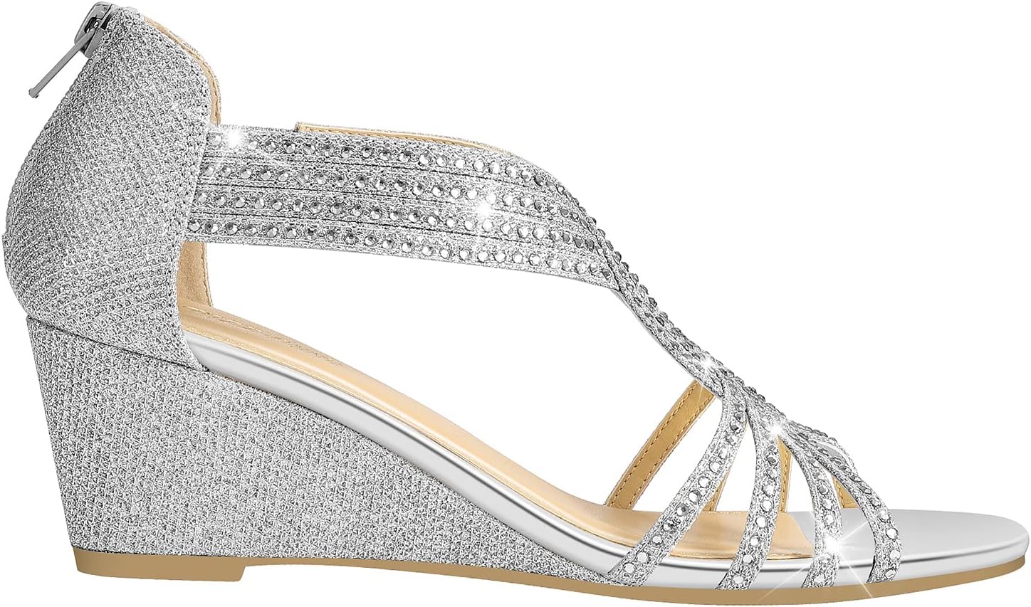 Thumbnail 4 de PIZZ ANNU Women's Diana Low Wedge Sandals – Sparkling Rhinestone Open Toe Dress Shoes