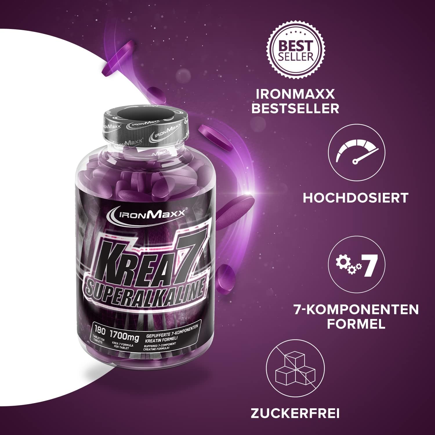 Thumbnail 1 de IronMaxx Krea7 Superalkaline Kreatin Tabletten – 180 Kapseln, hochdosierte 7-Komponenten-Formel, zuckerfrei