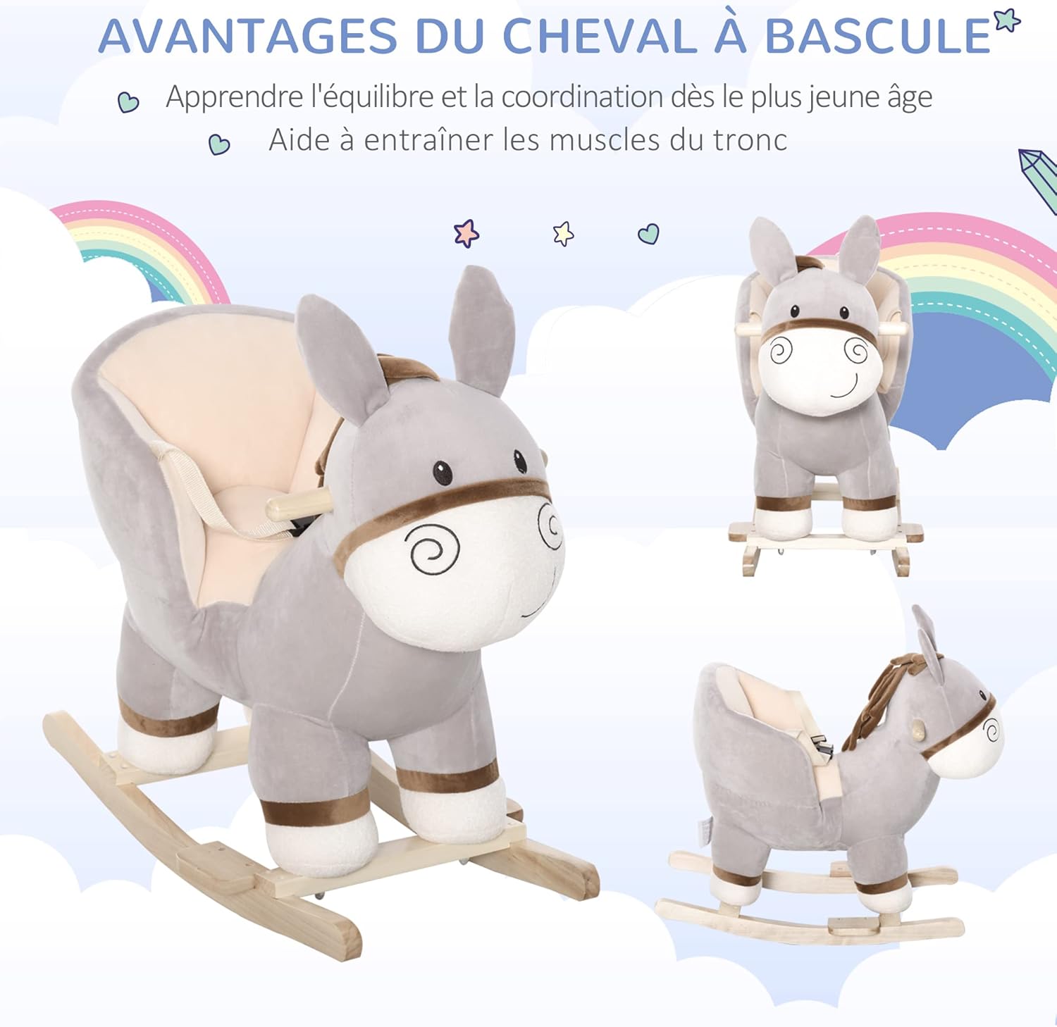 Thumbnail 5 de HOMCOM Cheval à Bascule Âne Peluche Gris