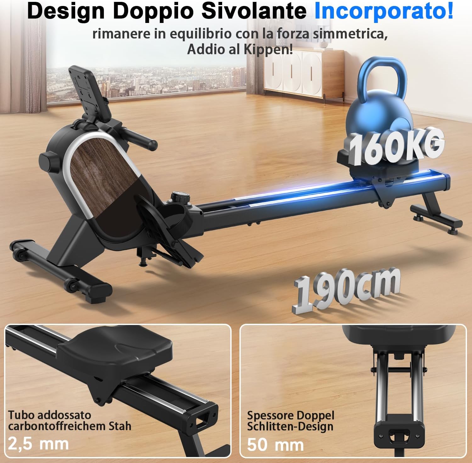 Thumbnail 5 de CHAOKE Vogatore magnetico per casa con 16 livelli di resistenza, guida doppia e app (monitor Bluetooth, portata 160 kg)