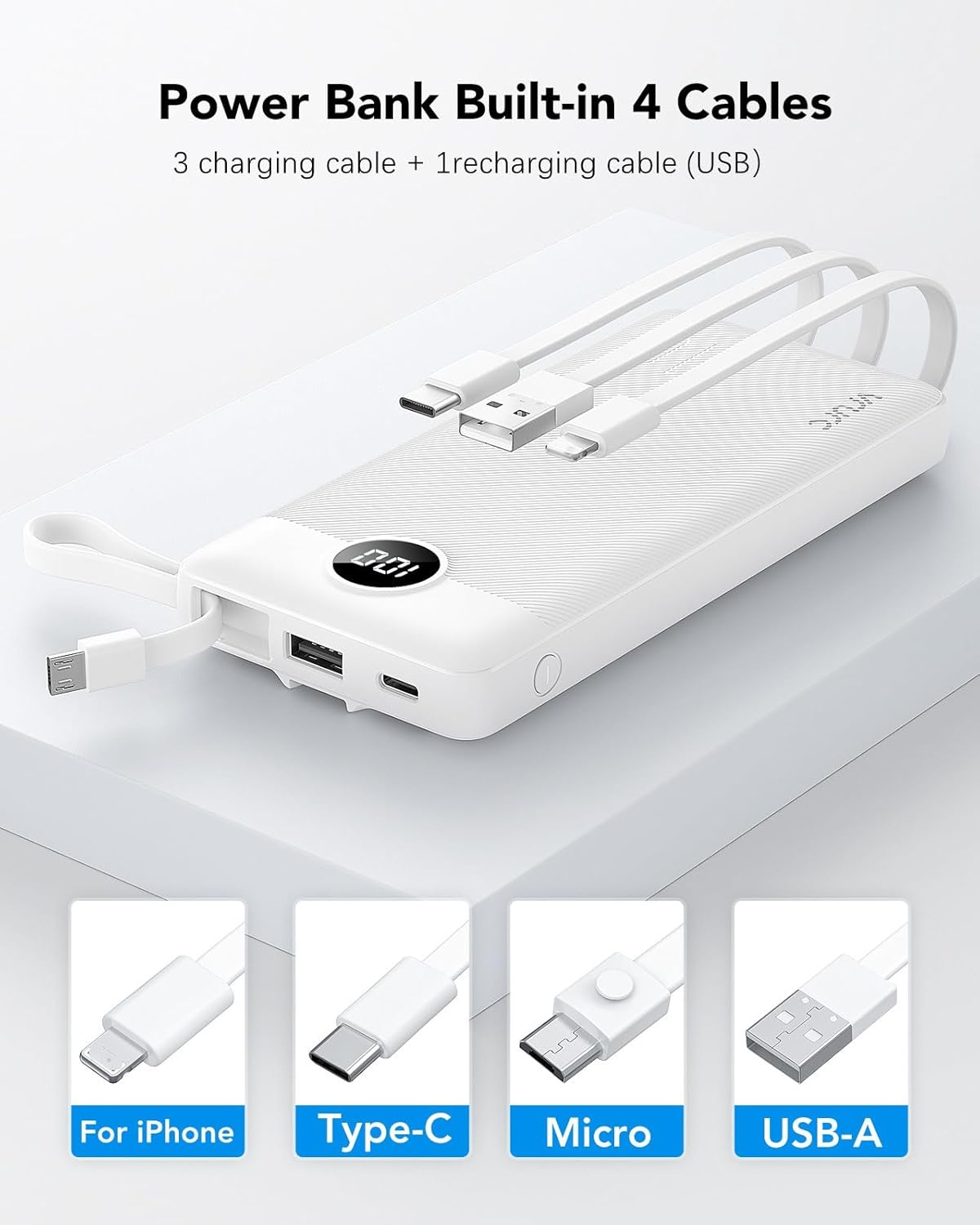 Detalle de VRURC 10000mAh Power Bank With Built in Cables — Compact 5-Output Portable Charger