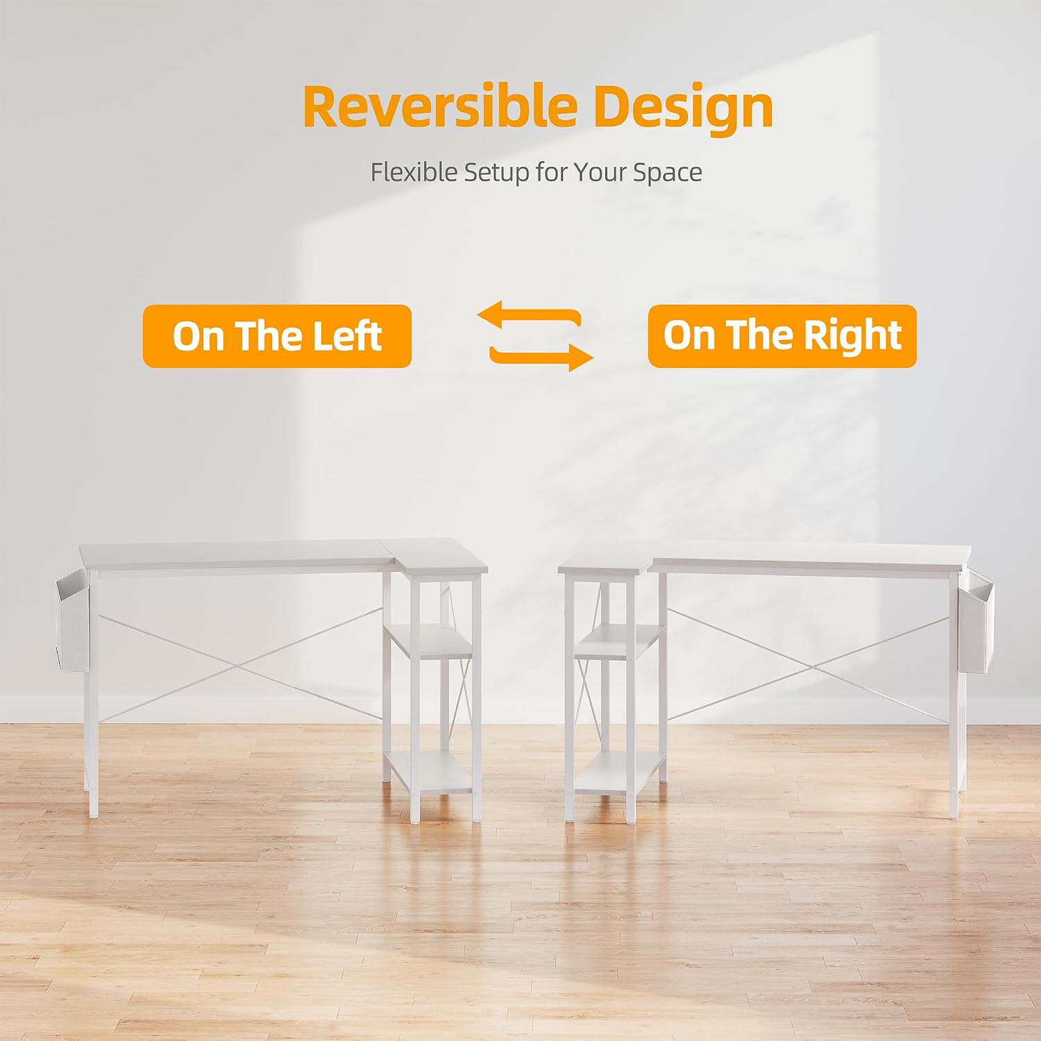 Detalle 2 de BEXEVUE L Shaped Corner Desk – 100x70 cm: Space-Saving, Reversible Shelving for Study, Work and Gaming