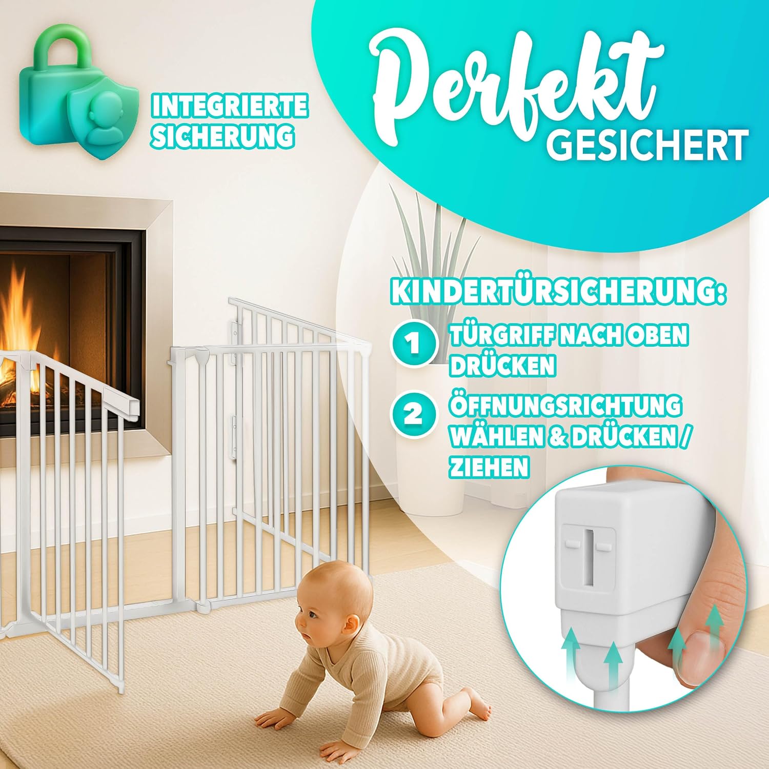 Detalle de KIDUKU® Kaminschutzgitter mit Tür aus Metall – faltbares Absperrgitter 600 cm inkl. 10 Elementen (Grau)