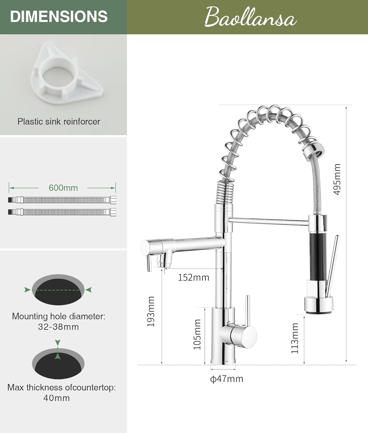 Thumbnail 6 de Robinet de cuisine avec douchette extractible et rotation à 360° — Mitigeur haute pression en acier inoxydable 304