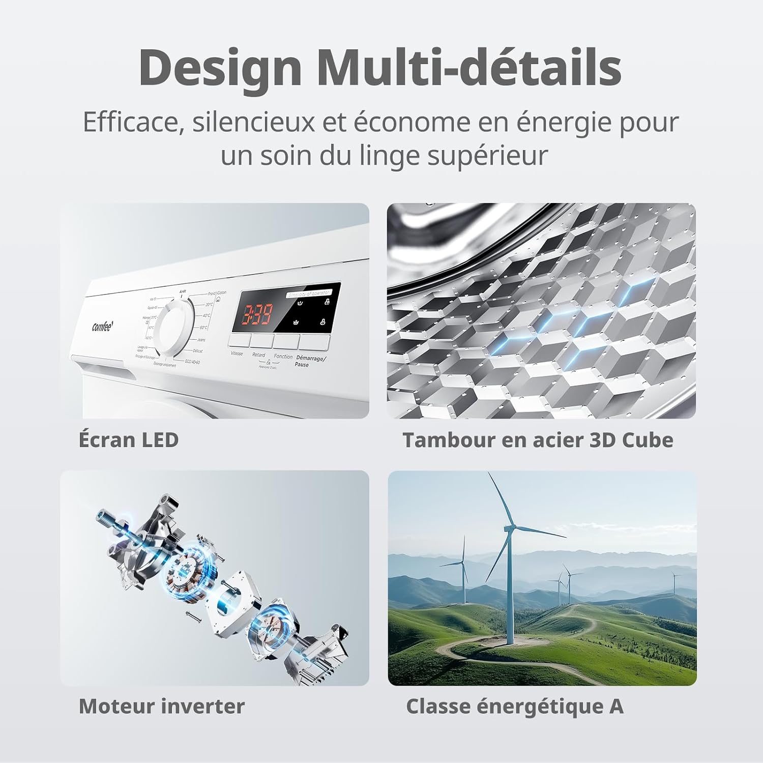Detalle de COMFEE Lave-linge 9kg CFE12EW90/W-FR – BLDC 1400RPM, vapeur, 50 cm