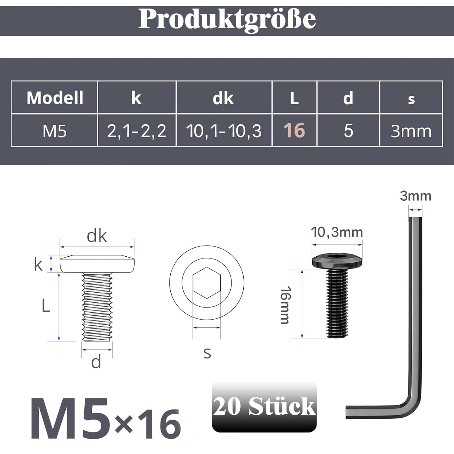 Thumbnail 1 de 20 Stück M5 Flachkopfschrauben Set aus Edelstahl A2 V2A mit Innensechskant und Schlüssel – M5 x 16 mm