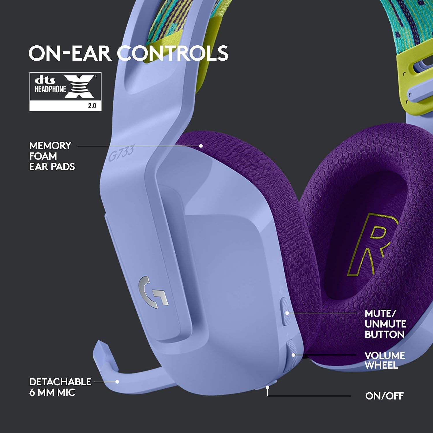 Detalle 1 de Logitech G733 LIGHTSPEED Wireless Gaming Headset, Lilac, with LIGHTSYNC RGB