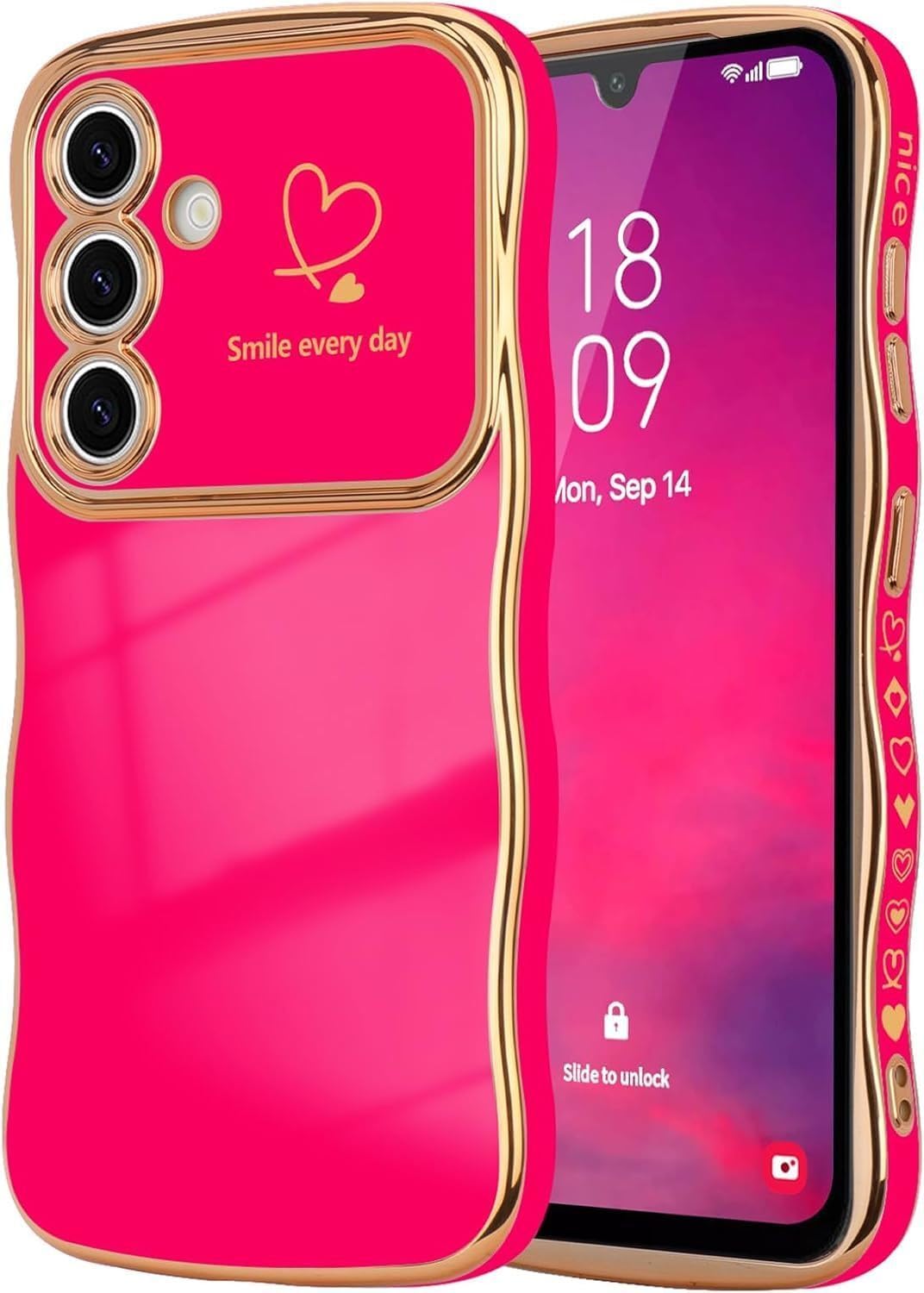 Detalle de Unichthy Love Heart Basic Case for Samsung Galaxy A57 – Glossy Wave Design, Curly Shape, Gold Plated Accents