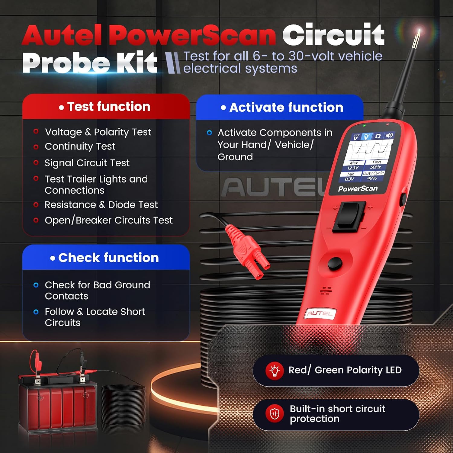 Thumbnail 1 de Autel PowerScan Automotive Circuit Tester: All-in-One 12-24V Power Probe with 20FT Extension