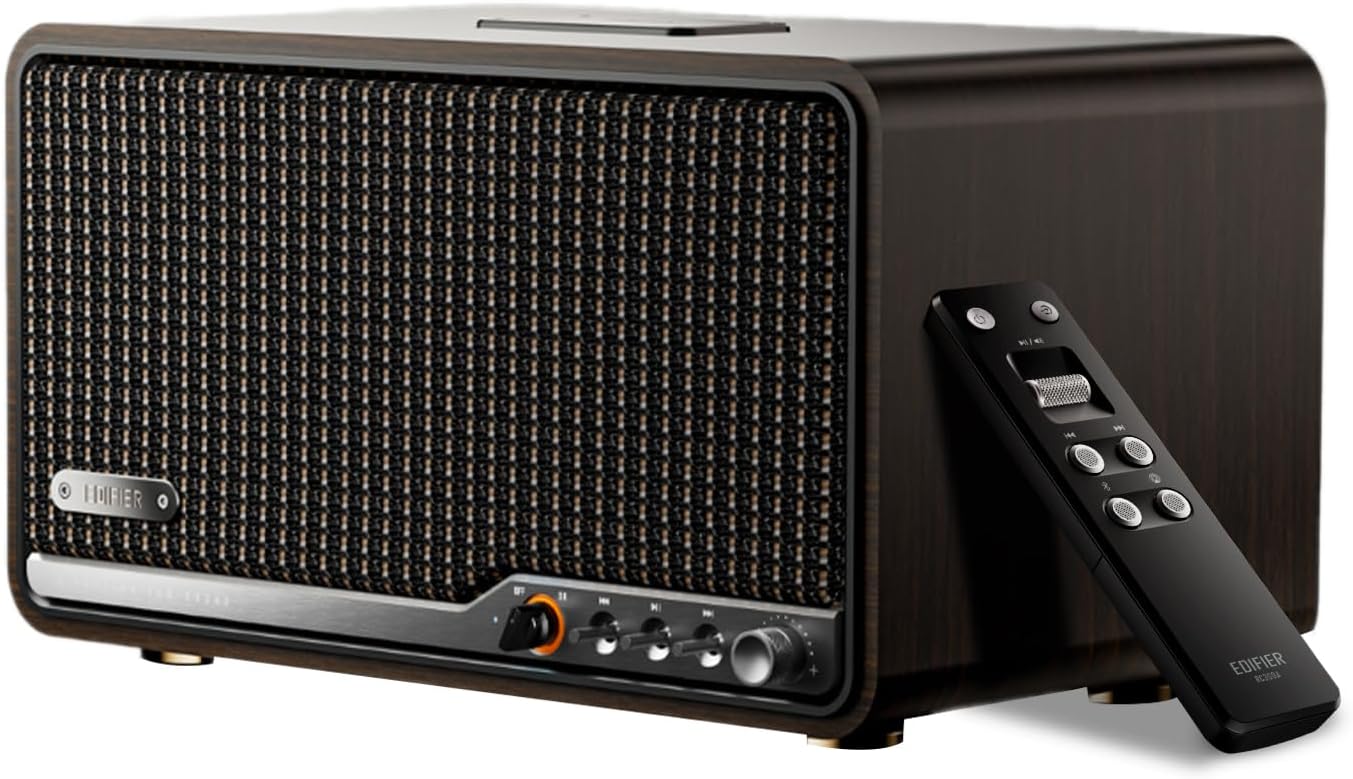 Detalle de Edifier S300 kabelloser Hi‑Fi‑Tischlautsprecher mit AirPlay 2, AirPlay‑Multiroom und Fernbedienung (Retro‑Walnussoptik)