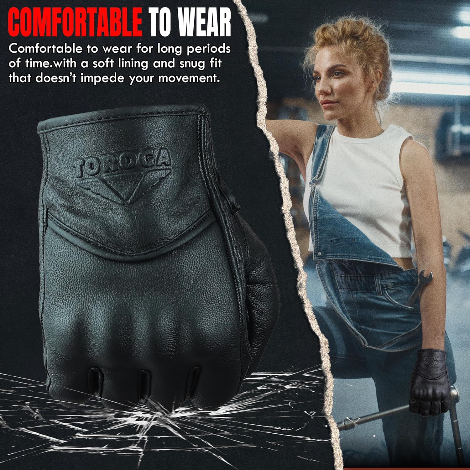 Detalle 2 de TOROGA Hard Knuckle Leather Motorcycle Gloves Full‑Finger