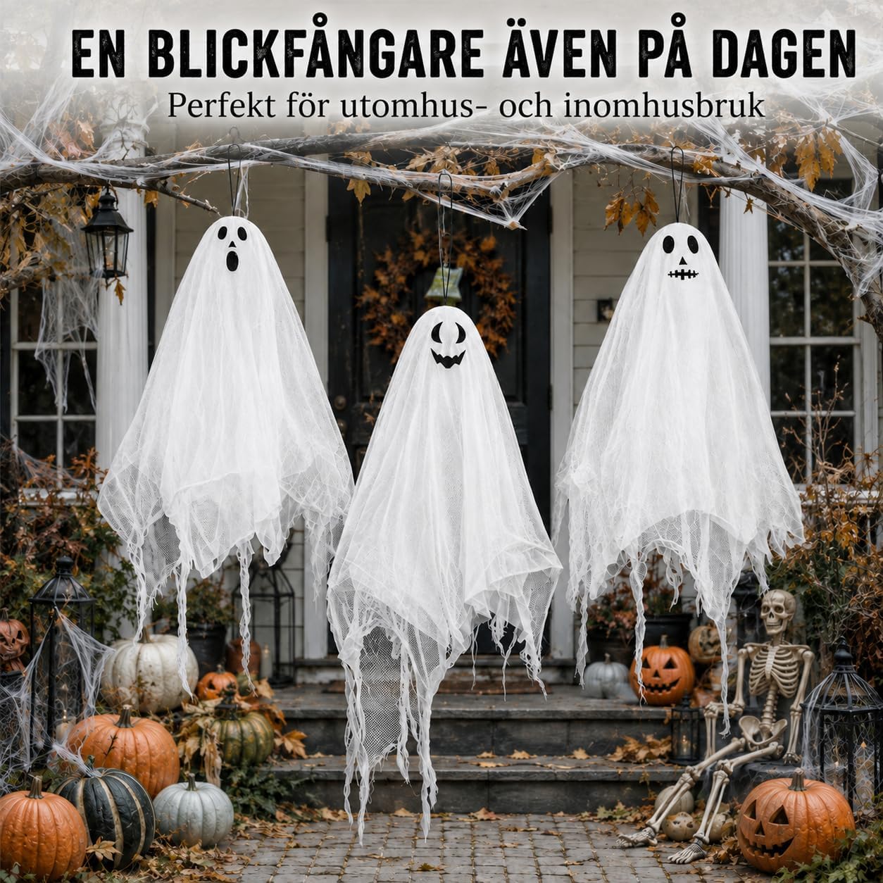 Detalle de ShadowRealmTech 067 – hängande Halloween-spöken med varmvit LED och tre ljuslägen