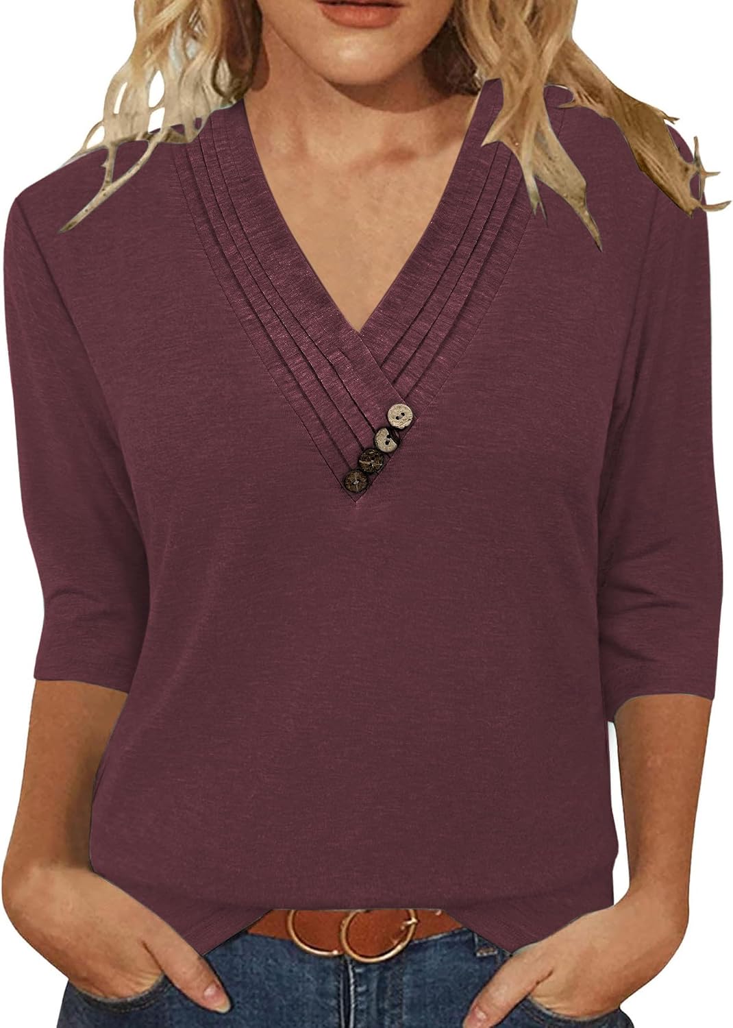Detalle de Famulily Pleated V Neck 3/4 Sleeve Top