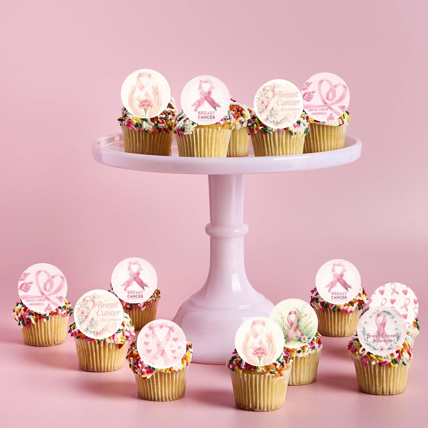 Detalle de Xsstarmi 64-Pack Breast Cancer Awareness Edible Cupcake Toppers