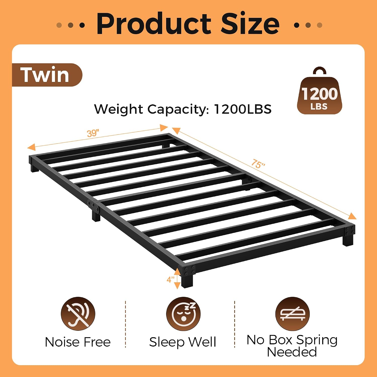 Detalle 2 de Lurxhome LH-0015-T Twin Metal Bed Frame, 4-Inch Low Profile