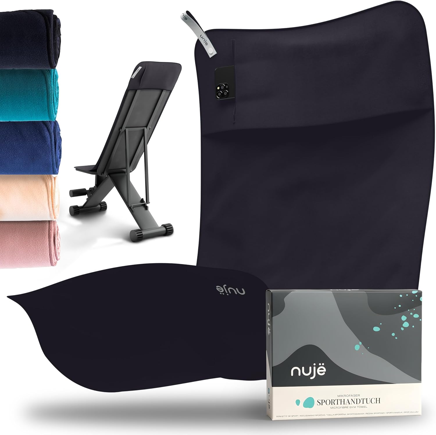 nujë Fitness-Handtuch mit Tasche aus Microfaser (125 x 50 cm) inkl. Geschenkverpackung