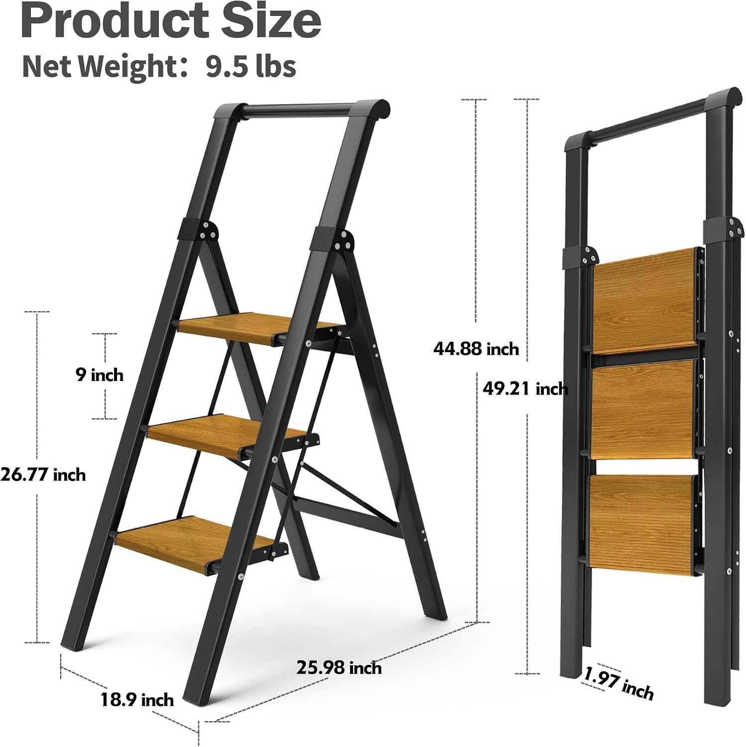 Thumbnail 6 de HillhutApex L-01 3-Step Folding Ladder with Handrail and Non-Slip Pedals