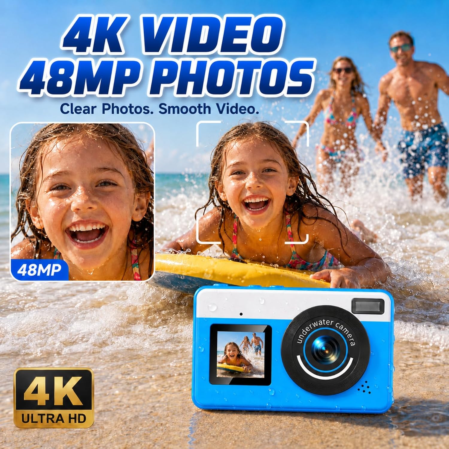 Detalle de Maxmango D70 Unterwasserkamera – 4K, 48 MP, 3 m Wasserdicht, Dual-Screen, 18x Zoom, 16 GB