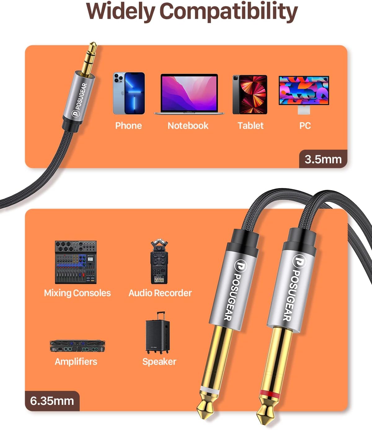 Detalle de POSUGEAR 3.5mm auf Dual 6.35mm Mono Y Audio Kabel, 2 m – Nylon Geflecht, Goldkontakte