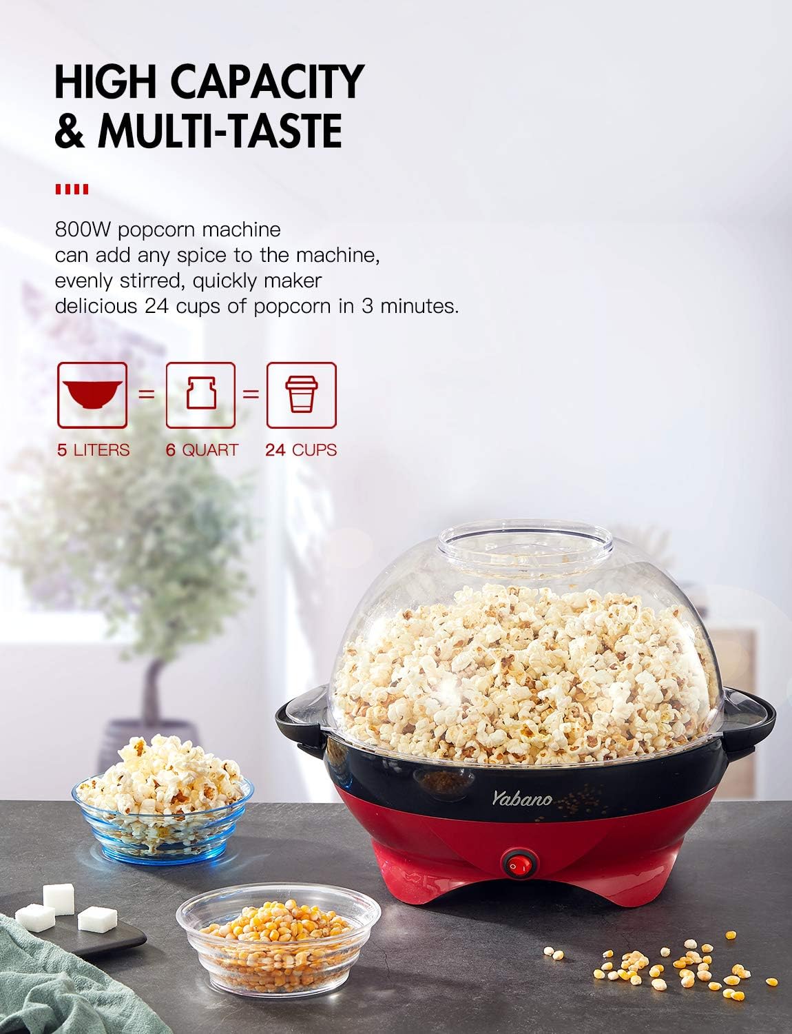 Thumbnail 1 de Yabano Popcorn Maker Machine (5L) with electric stirring, nonstick plate and cool-touch handles – 800W, Red